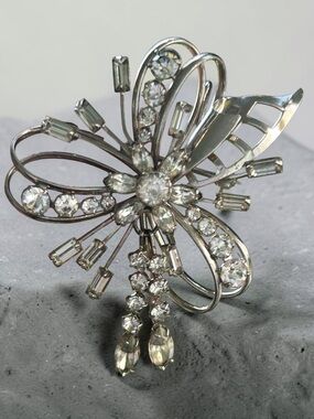 Vintage Signed Carl Art STERLING Floral Pendant Brooch - Clear Rhinestones
